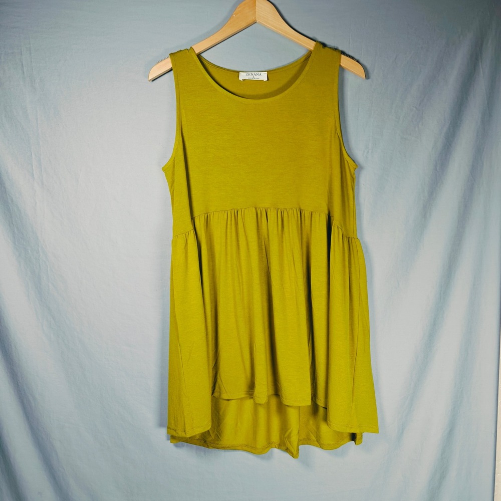 Zenana Womens Chartreuse‎ Green Babydoll Tunic Tank Top High Low Hem XL